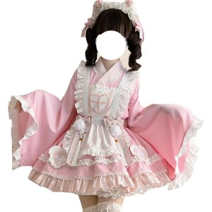 [XHSUKADO] Nurse uniform 4-piece set, dress, women's, spring, summer, autumn, Japanese clothing, kimono, yukata, costume, cosplay, princess sleeves, top, mini skirt, apron, with ribbon, maid uniform, long sleeves, pink, L