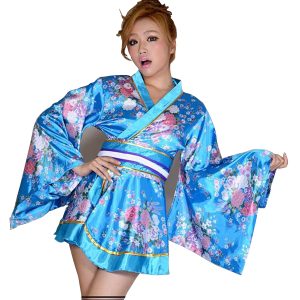 IntooMe Women's Yukata Long Japanese Style Adult Retro Kimono Clothing Floral Pattern Flashy Traditional Female Oiran Yukata Ribbon Tie Kimono Stage Performance Costume Photo Shoot (Free Size, 8101 Lake Blue)