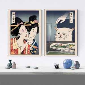 Ukiyo-e style poster print woman yelling at cat, canvas, abstract wall art, living room home decor 30x40cmx2 pieces frameless