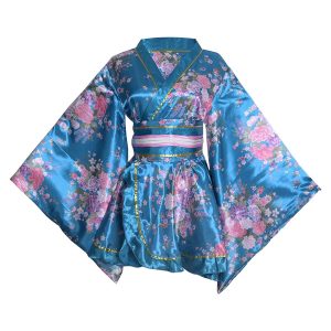 [HONGFU] Women's Short Kimono Costume Floral Long Sleeves Traditional Japanese Geisha Yukata Lolita Dress Sexy Bathrobe Nightgown Robe Belt Outfit (S02# Short Sky Blue)