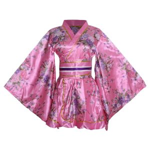 [HONGFU] Women's Short Kimono Costume Floral Long Sleeves Traditional Japanese Geisha Yukata Lolita Dress Sexy Bathrobe Nightgown Robe Belt Outfit (S02# Short Light Pink)