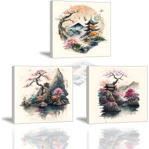 PIY PAINTING Japanese Style Modern Oil Painting Canvas Painting Ukiyo-e Decoration, Landscape Art Panel with Built-in Wooden Frame Easy to Install Wall Art Wall Decoration Landscape Canvas Photo Spring Canvas Wall Art Photo New Home Decoration Interior Entryway Bathroom Study Office Birthday Gift Anniversary Gift Joy of Moving New Store Opening 3pcs,30x30cm