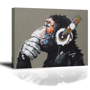 "Monkey Listening to Music" Canvas Painting Banksy Modern Animal Decorative Painting Chimpanzee Graffiti PIY PAINTING Art Panel Wall Art Framed Poster Finished Product with Wooden Frame Easy to Install Wall Art Reproduction Masterpiece Interior Decoration New Home Decoration Wall Hanging Entrance, Bathroom, Kitchen, Bedroom Decoration Sofa Background Painting Accent for Corporate Office Christmas Gift (Wooden Frame, 30x40cm, 1 Panel)