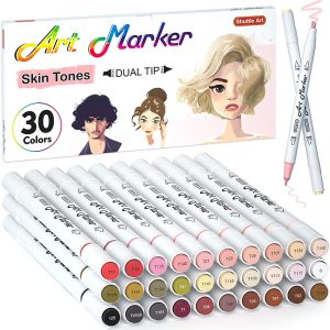 Shuttle Art Marker Pens, 29 Colors Set, Skin Tone, Brown, Skin Color, Blender Pen Included, Thick and Thin Both Ends, Art Markers, Thin Tip, Fine Point, Quick Drying, Alcohol Markers, Portrait Drawing, Cartoon Pens for Drawing People, Manga Artist Set, Illustration, Adult Coloring Book, Children, Art Supplies