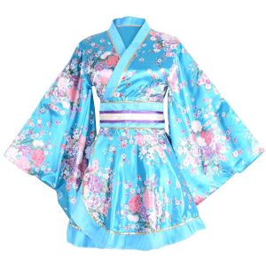 [ZYJ] Women's Kimono Short Yukata Sexy Kimono Mini Dress Floral Plain See-through V-neck Bathrobe Nightgown (Blue)