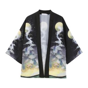 Eldori Men's Summer Clothes Japanese Style Cardigan Thin Plain Haori 3/4 Sleeve Hoodie Japanese Style Jacket Open Collar Shirt Jinbei Kimono M-5XL Yukata Crane Pattern Embroidery Japanese Clothing Sunshade Fireworks Festival Events Loose Fit Yukata Single Layer Loungewear Men's Cardigan