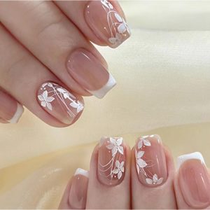 Nail tips, short, 24 pieces, false nails, flower, cherry blossom, white border, nail tips, popular, Japanese style, cute, simple, fashionable, party, fall/winter, spring/summer, can be used for daily life, bridal nails, coming-of-age ceremony, entrance ceremony, graduation ceremony, wedding, double-sided tape included