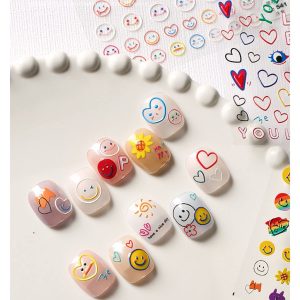 New 5D 3D Embossed Love Smiley Face Colorful Smiley Love Circle Art Nail Decals 3 Styles,Candy Color Cartoon Smiley Embossed Love Smiley Self-Adhesive Nail Decals DIY Nail Art Decoration Stickers (3 Sheets)