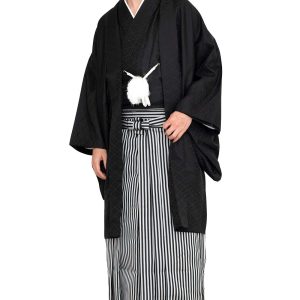 [KYOETSU] Haori and hakama set for men, hakama with crest, haori, hakama, kimono (with gold embroidered family crest, black, M)