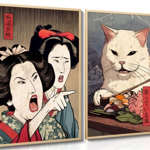 MUWAK Funny Anime Posters Japanese Decor Set of 2 - Woman Yelling at Cat Canvas Wall Art, Vintage Anime Cat Wall Decor for Living Room, Hallway, Kitchen Home Decoration - 16x24inch (40.64x60.06cm) Unframed