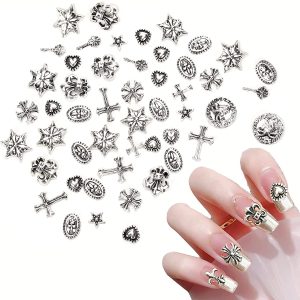 50pcs Punk Nail Art Charms Vintage Silver 3D Cross Nail Charms Vintage Metal Nail Charms Accessories Punk Nail Art Supplies Manicure Nail Art Craft DIY Nail Decoration (Retro Silver Mixed Pack)