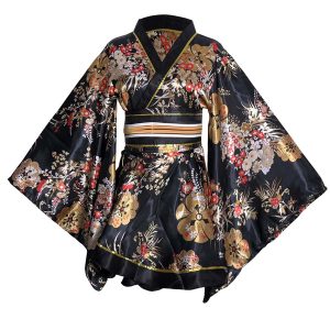 [HONGFU] Women's Short Kimono Costume Floral Long Sleeves Traditional Japanese Geisha Yukata Lolita Dress Sexy Bathrobe Nightgown Robe Belt Outfit (S05# Short Black) M