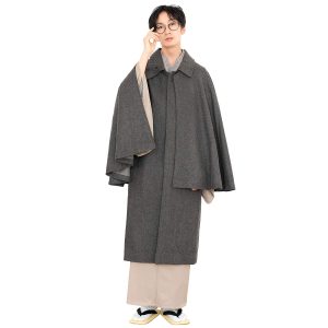 [KYOETSU] Japanese style coat, Tombi Inverness, double layered, wool blend fabric, new material, men's (L, gray)