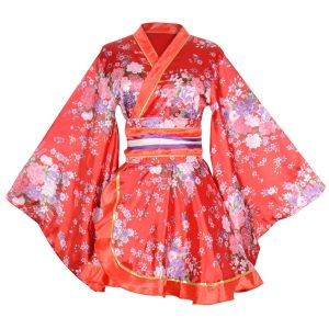 YuanD Sexy Kimono Dress, Oiran Cosplay Costume, Short Length, Floral Pattern, Japanese Clothing, Costume, Yukata, Night Dress (Red)