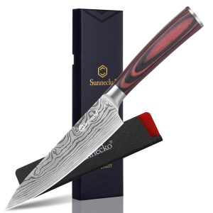 Sunnecko Chef's Knife, 140mm, Stainless Steel, with Sheath, Wooden Handle, Cooking Knife, Sharp Knife, Double-edged, Damascus Pattern, Stylish, Gift (Chef's Knife 140mm)