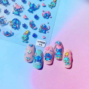 Stitch Nail Art Stickers Decals Set Stitch Embossed Nail Stickers 3D Self-Adhesive Nail Stickers Cute Design Anime Nail Stickers for Women Girls Kids Gifts (3 Pieces)