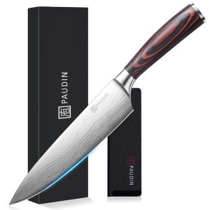 PAUDIN Gyuto Knife 200mm with Sheath, Wooden Handle, Chef Knife, Sharp Knife, Double-edged, Left-handed, 5Cr15Mov High Carbon Stainless Steel, All-Purpose Knife, Rust-Resistant, Durable, Long Sharpness, Meat Cutting, Fish Cutting, Vegetable Cutting, Stylish, Gift