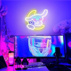 Japanese Cinnamoroll Neon Sign, 3D Art Cinnamoroll Hug the Moon LED Neon Wall Light Cute Anime Room Decor, Bedroom Game Room Apartment, Anime Night Lamp Birthday Gift for Kids - 15 Inch