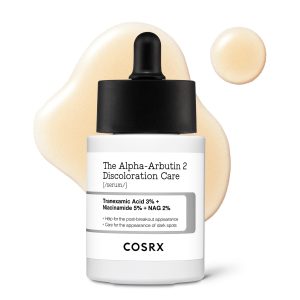 COSRX Tranexamic Acid 3% Alpha Arbutin 2 Serum 50mL, a dark spot treatment serum for troubled skin, hydrating and hydrating, reducing irritation and melanin. Contains alpha-arbutin, niacinamide, tranexamic acid, glutathione, panthenol, acetylglucosamine, ferulic acid, madecassoside, allantoin, tocopherol, and panthenol. Korean skin care.