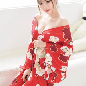 [LIKENNY] Yukata Cosplay Japanese Clothing Erotic Extreme Sexy Oiran Kimono Lingerie Costume Women Japanese Style Kimono Babydoll Yamato Nadeshiko Pajamas Nightwear Cute Front Opening Yamato Nadeshiko Gown + Ribbon Belt + T-Pack 3-Piece Set (Red + Cherry Blossoms)