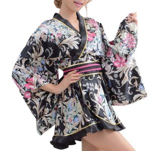 Traditional Japanese Kimono Anime Cosplay Costume for Women Short Kimono with Obi Gothic Lolita Yukata Dress Maid Outfit (16# Black)