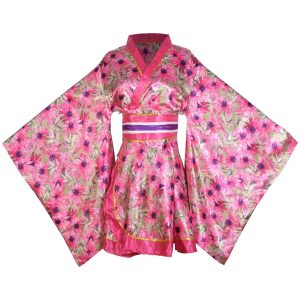 [WBooo] Japanese Pattern Satin Kimono Mini Dress Moon Rabbit Princess Oiran Style Yosakoi Costume Cabaret Dress Short Yukata with Obi (SK60-Powdered Chrysanthemum)