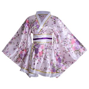 [HONGFU] Women's Short Kimono Costume Floral Long Sleeves Japanese Traditional Geisha Yukata Lolita Dress Sexy Bathrobe Nightgown Robe Belt Outfit (S02# Short White)