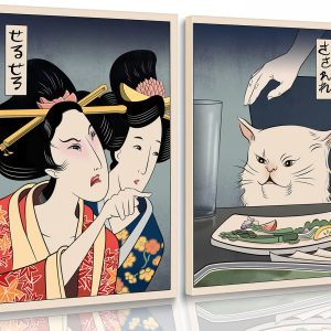 2 Pieces Fun Cute Canvas Paintings Japanese Woman Yelling at Cats Food Posters and Prints Vintage Wall Art Meme Posters Pictures Dining Room Wall Decor Living Room Kitchen Hallway Unframed 40.6x61.0 cm, FBANOJapanese women and cats002