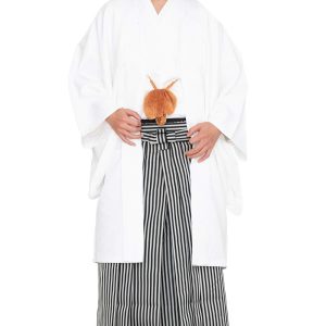 [KYOETSU] Haori and hakama set for men, hakama with crest, haori, hakama, kimono (with gold embroidered family crest, white, M)