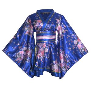 [HONGFU] Women's Short Kimono Costume Floral Long Sleeves Traditional Japanese Geisha Yukata Lolita Dress Sexy Bathrobe Nightgown Robe Belt Outfit (S02# Short Royal Blue)