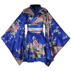 Women's Sexy Short Kimono Costume Yukata Dress Yukata Dress Satin Floral Print Traditional Japanese Geisha Robe Bathrobe Belt Costume (M, S27-Blue)