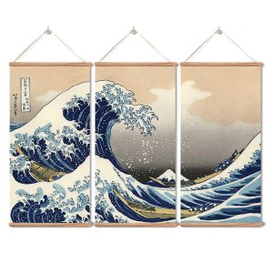 xinyuru Japanese Traditional Art The Great Wave off Kanagawa by Hokusai, Hanging Poster with Wooden Frame, Ready to Hang Decorative Wall 3 Piece Set