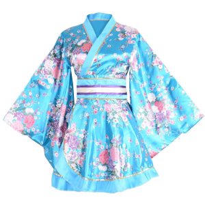 YuanD Sexy Kimono Dress, Oiran Cosplay Costume, Short Length, Floral Pattern, Japanese Clothing, Costume, Yukata, Night Dress (Turquoise) Blue