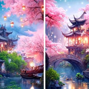 ZYSMIY Diamond Art Kit Set of 2 Japanese Style Small Town Ancient Building Creek Boat Ancient Town Cherry Tree Landscape 5D Diamond Painting DIY Diamond Painting Suit Mosaic Art Beginner Embroidery Set Bead Art Painting Handicraft Wall Decoration Gift 30x40cm