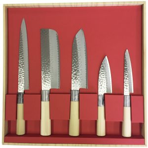 Yakusel Sekito Heisaku Knife Set of 5 Sashimi Knife, Nakiri Knife, Santoku Knife, Petty Knife, Small Deba Knife Made in Japan Beginner's Single-edged Japanese Knife for Fish and Vegetables Hammered Stainless Steel 32059