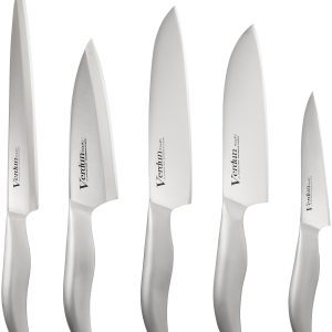 Shimomura Kogyo Made in Japan Verdun Santoku 165mm / Gyuto 180mm / Petty 125mm / Deba 150mm / Yanagiba 210mm Knife Set of 5 Molybdenum Vanadium Steel Dishwasher Safe OVD-150 Made in Tsubame-Sanjo, Niigata