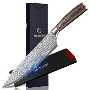 Sunnecko Chef's Knife, 203mm, Stainless Steel, with Sheath, Wooden Handle, Cooking Knife, Sharp Knife, Left-Handed, Double-Edged, Damascus Pattern, Bread Knife, Meat Knife, All-Purpose, Stylish, Gift (Chef's Knife 203MM)