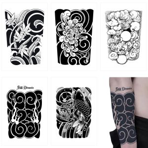 ADOFUN Tattoo Stickers [Set of 5] Tattoo Stickers, Half, Large Temporary Tattoos, Japanese Pattern, Japanese Black Tattoos, Suitable for Adult Men, Tattoo Stickers, Arm Tattoo Stickers, Waterproof, Long Lasting, Simple and Eye-catching Cherry Blossom Tattoos, Easy to Use, 17cm x 24cm