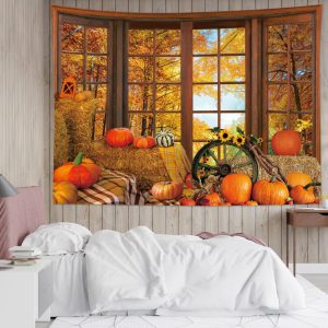 LB Autumn Forest Tapestry Maple Forest Pumpkin Sunflower Wall Decoration Autumn Leaves Harvest Season Wall Decoration Interior Wall Art Housewarming Gift Multifunctional Fabric Poster Room Decoration Shop Miscellaneous Goods Stylish Wall Hanging Unique Gift 150 x 100 cm