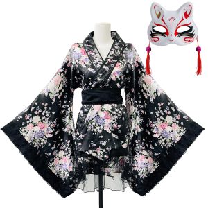 [Socpuro] Maid Kimono Oiran Cosplay Yukata Women's Halloween Sexy Japanese Clothing Short Lace Oiran Cosplay Japanese Pattern Kimono Dress Fox Costume with Mask Japanese Style Costume Cabaret Dress Stage School Festival Production Black (S)