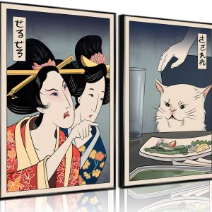 2 Pieces Cute Funny Japanese Cat Wall Art Woman Yelling at Cat Posters Prints Vintage Japanese Canvas Paintings Oriental Style Wall Decor Pictures for Living Room Dining Room Kitchen Decor Unframed