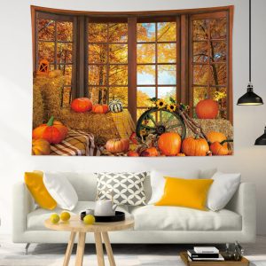 LB Autumn Forest Tapestry Maple Forest Pumpkin Sunflower Wall Decoration Autumn Leaves Harvest Season Wall Decoration Interior Wall Art Housewarming Gift Multifunctional Fabric Poster Room Decoration Shop Miscellaneous Goods Stylish Wall Hanging Unique Gift 150 x 130 cm