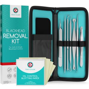 Medi Grade Blackhead Removal Tool - 7-Piece Pore and Skin Care Kit - Includes 50 Oil-Absorbing Blotting Papers - Skincare Kit for Blackheads